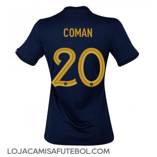Camisa de Futebol França Kingsley Coman #20 Equipamento Principal Mulheres Mundo 2022 Manga Curta